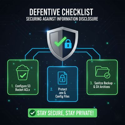 An infographic showing a lock and cloud storage buckets adorned with check marks, symbolizing a defensive checklist for securing against information disclosure vulnerabilities.