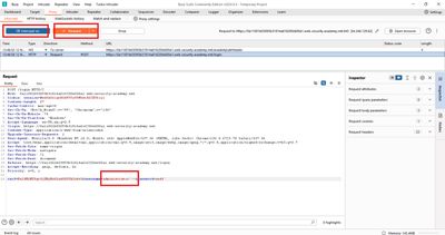 Modified login POST body, mimicking a dark-theme code editor, showing the username parameter replaced with the injected payload 'administrator'--' highlighted.