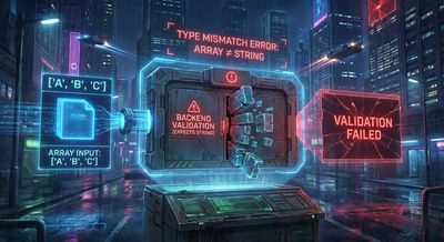 A visual metaphor demonstrating a backend validation error where an array is mistaken for a string.
