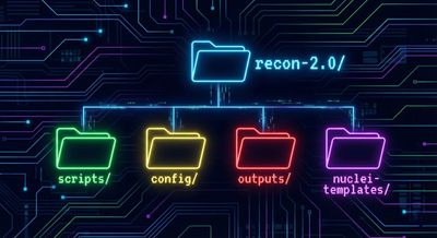 Simple directory tree visualization showing a recommended 'recon-2.0' repository layout with folders for scripts, config, outputs, and nuclei-templates.
