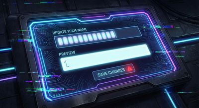 Illustration showing a user updating a team name to whitespace, with the UI preview showing a blank name field.