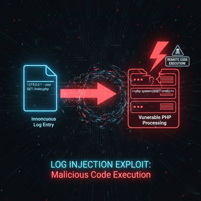 An illustration depicting log injection transforming into remote code execution, visually showing a seemingly innocuous log file morphing into malicious PHP code as it's processed.