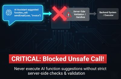 A graphic showing an AI assistant suggesting a function_call, which is blocked by a red X before the backend can execute it, captioned 'Never execute without server-side checks'.