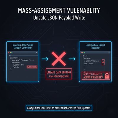 A graphic showing a JSON payload containing dangerous fields like 'is_admin' and 'role' being successfully written into a user profile, clearly marked as 'unsafe' to depict a mass-assignment vulnerability.