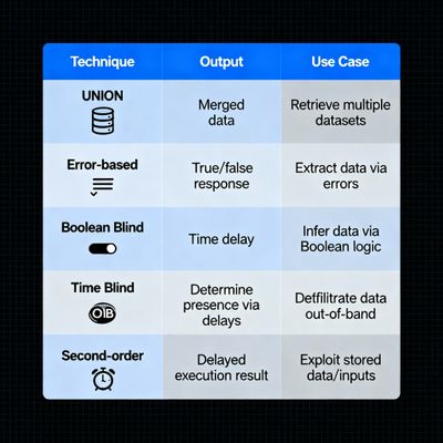 A side-by-side comparison chart illustrating different types of SQL injection (UNION, Error-based, Boolean Blind, Time Blind, Out-of-Band), detailing their techniques, typical output, and common use cases with modern flat icons.
