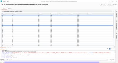 Burp Intruder setup and results showing HTTP 500 for correct characters.