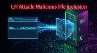Cyberpunk-themed technical diagram showing a holographic browser interface sending a malicious file parameter via a glowing data stream to a futuristic server, which then incorrectly includes sensitive local system files.