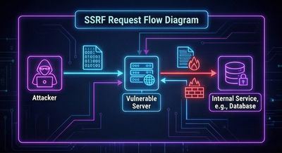 A technical diagram illustrating the SSRF attack flow, where an external attacker forces a vulnerable web server to act as a proxy and make requests to internal, restricted services.