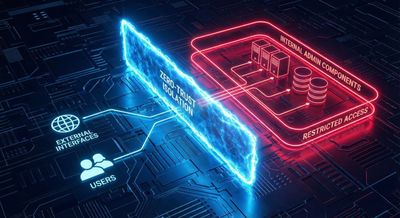 A zero-trust network architecture diagram in a cyberpunk style, showing strict isolation with glowing blue energy barriers separating external interfaces from highly secured, neon-red internal admin components.