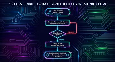 A clean flowchart illustrating a multi-step email change process with OTP verification.