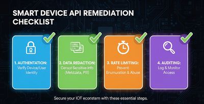 A horizontal infographic presented as a checklist for remediation: including authentication, data redaction, rate limiting, and auditing, using simple iconography, 1200x300.