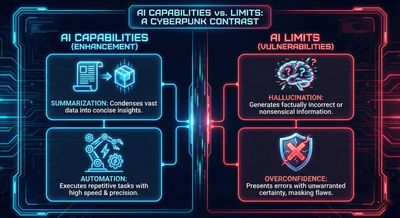 Two-column diagram contrasting AI capabilities like summarization and automation against limits like hallucination and overconfidence, using clean icons in an infographic layout.