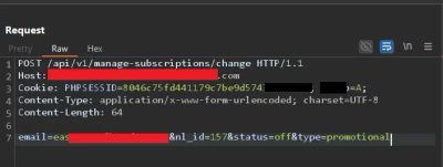 Screenshot of Burp Suite showing an unauthenticated POST request being used to modify email preferences.