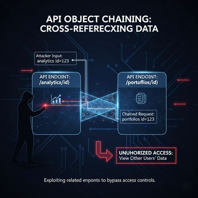 A diagram visualizing object chaining, showing two API endpoints (analytics and portfolios) connected like a bridge, allowing an attacker to cross-reference objects.