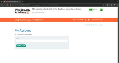 Administrator login successful and lab solved.