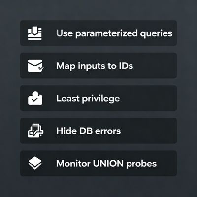 Checklist of defensive measures to prevent UNION-based data extraction.