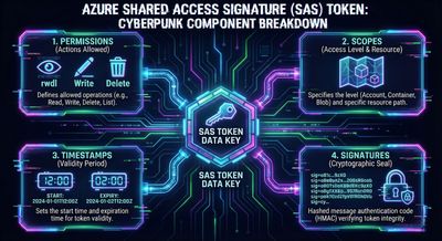 Educational infographic breaking down the components of an Azure Shared Access Signature (SAS) token, including permissions, scopes, timestamps, and signatures.