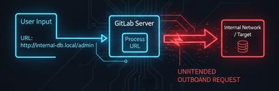 A minimalistic cybersecurity diagram showing a GitLab server receiving a user-provided URL and issuing an unintended outbound HTTP request, illustrating the Server-Side Request Forgery (SSRF) concept with clean lines and a blue palette.