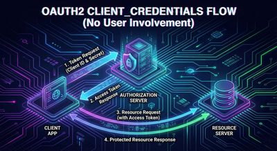 A technical diagram illustrating the OAuth2 client_credentials flow, showing direct interaction between Client, Authorization Server, and Resource Server without user involvement.