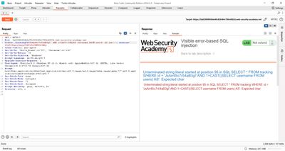 Repeater screenshot showing a truncated database error when attempting to leak usernames without using a LIMIT clause.