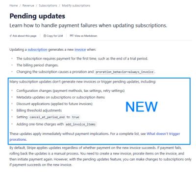 Screenshot from Stripe documentation explaining default subscription update behavior and how pending updates are handled.