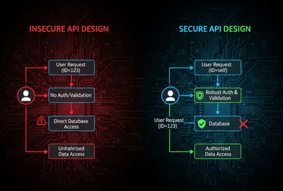A graphic comparing secure versus insecure API design principles, demonstrating how proper authorization and validation prevent IDOR vulnerabilities.