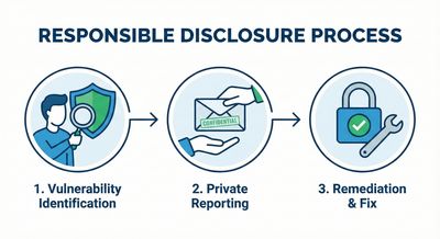 A symbolic illustration showing the ethical Responsible Disclosure process flow: a security researcher identifies an issue, privately reports it to the organization, leading to a remediation fix.