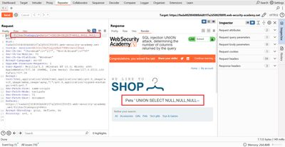 Screenshot showing a successful HTTP request '/filter?category=Pets+'+UNION+SELECT+NULL,NULL,NULL--' and the corresponding web page response indicating the acceptance of the three NULL column UNION injection.