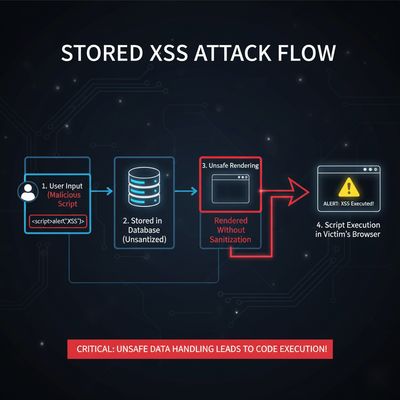 A diagram illustrating the flow of a stored XSS trigger: user input is stored in a database and then rendered unsafely, leading to script execution in the victim's browser.
