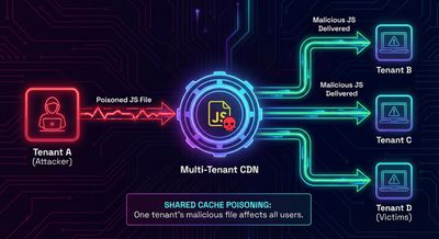 Multi-tenant CDN poisoning diagram showing one tenant poisoning JavaScript for all others.