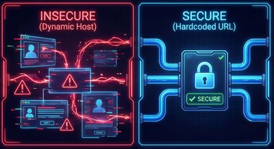 A split-screen comparison diagnostic panel in a cyberpunk style. The left side, labeled "INSECURE (Dynamic Host)", shows unstable, flickering red data paths relying on user input. The right side, labeled "SECURE (Hardcoded URL)", shows stable, solid blue energy conduits connected to a locked, verified configuration block, demonstrating secure architecture.
