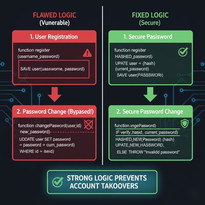 A diagram comparing flawed versus fixed pseudocode for user registration and password logic.