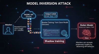 A diagram illustrating model inversion: many input images are fed into an API, which returns output labels, enabling an attacker to then train a clone model. The diagram includes a caption 'shadow training', 1000x400.