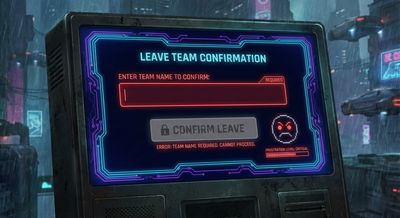 Visual mockup of a 'Leave Team' confirmation prompt with an empty required name, highlighting user frustration and impossible confirmation.