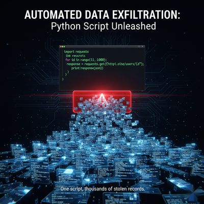A conceptual image of Python code executing, which results in a massive flood of multiple user data records being returned, symbolizing automated data exfiltration.