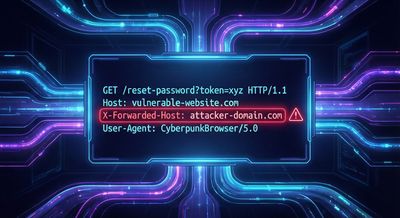 A visualization of a futuristic intercepting proxy interface with glowing blue and purple data streams. An intercepted HTTP request is displayed on a holographic screen, with the header X-Forwarded-Host: attacker-domain.com highlighted in pulsing crimson red, indicating a malicious injection in a cyberpunk setting.