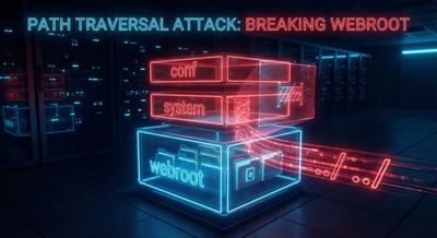A visualization in a cyberpunk style showing a digital directory structure as glowing stacked layers, where the '../' sequence is depicted as a hacking tool breaking out of the intended 'webroot' containment layer to access restricted levels.