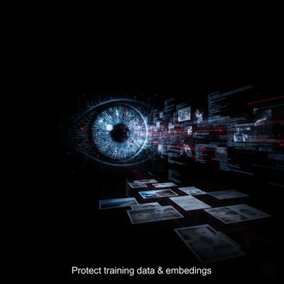 A cinematic, wide illustration of an AI eye scanning photos, with streams of data visibly leaking out. Small, readable text overlayed reads: 'Protect training data & embeddings'.