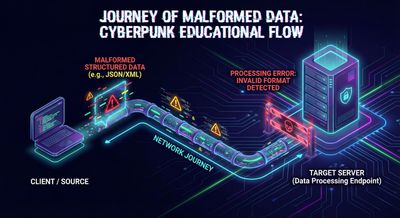 A high-level conceptual graphic showing the journey of malformed structured data reaching a server, designed for educational purposes.