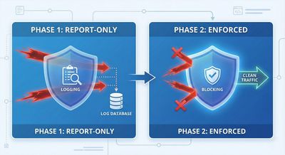Professional architecture diagram showing a phased security rollout from 'report-only' mode to 'enforced' CSP mode.