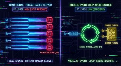 Visualization comparing traditional thread-based server architecture with Node.js's event loop structure, emphasizing the impact on file descriptor limits.