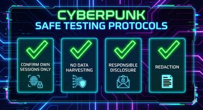 Checklist-style graphic showing safe testing steps: confirm only own sessions, no data harvesting, responsible disclosure, and redaction, with a green checkmark theme.