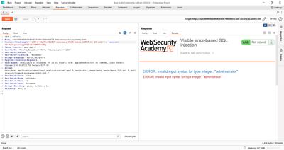 Repeater: CAST + LIMIT 1 leaks username 'administrator' in DB error.