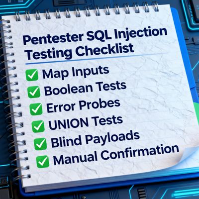 A graphic representation of a pentester's checklist for detecting SQL injection, including steps like mapping inputs, performing boolean tests, error probes, UNION tests, blind payloads, and manual confirmation, marked with green ticks.