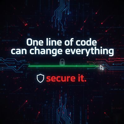 A motivational poster-style image with the text: "One line of code can change everything – secure it." conveying the importance of careful coding in cybersecurity.