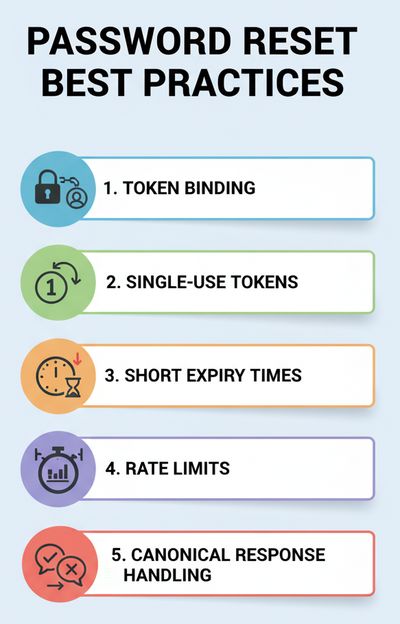 An infographic presenting a stacked list of password reset best practices: Token binding, single-use tokens, short expiry times, rate limits, and canonical response handling, each with a corresponding icon in a brand-neutral, vector style.