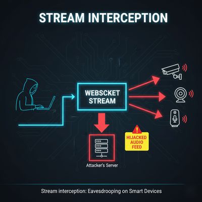 An illustration of an attacker connecting to a WebSocket stream on a smart home device, showing various device icons and arrows indicating the flow of hijacked audio, captioned 'Stream interception', 1000x400.