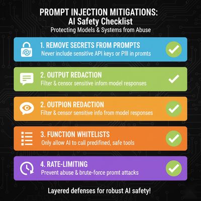 A checklist infographic detailing mitigations for prompt injection: remove secrets from prompts, apply output redaction, use function whitelists, and implement rate-limiting.