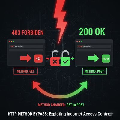 An illustration depicting an HTTP response transition from "403 Forbidden" to "200 OK" when the request method is changed from GET to POST, symbolizing a successful bypass.