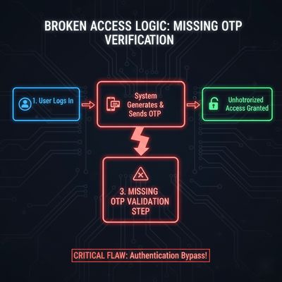 A flow diagram showing a typical OTP verification process, with one crucial step intentionally highlighted as missing, illustrating a broken access logic chain.
